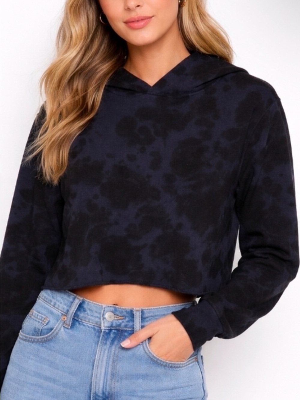 Revolve x 525 Cropped Blue & Black Tie-Dye Hoodie Sweatshirt NWT